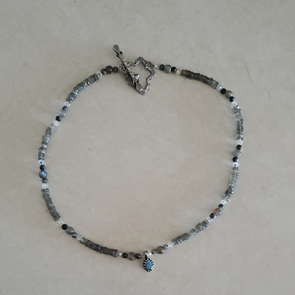 Handmade Labradorite And Silver Beaded Necklace With Butterfly Toggle Clasp